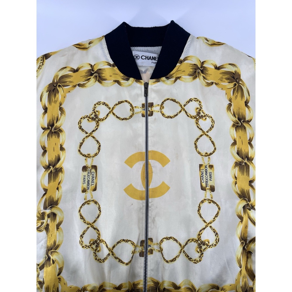 Vintage Chanel Silk Bomber Jacket Size M/L 80's Gold Chains Pattern - Picture 3 of 13